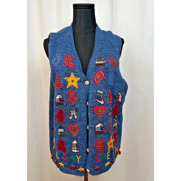 Marisa Christina VTG Christmas Cardigan Vest L Blue Plaid Grandmacore Cottagecor - Picture 1 of 7